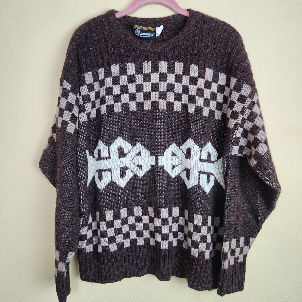 Vintage London Fog Printed Multicolored Geometric checkered Grandpa Sweater XL‎
